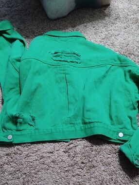 Cropped Distressed Green Denim Jacket - Women's Jean Jacket